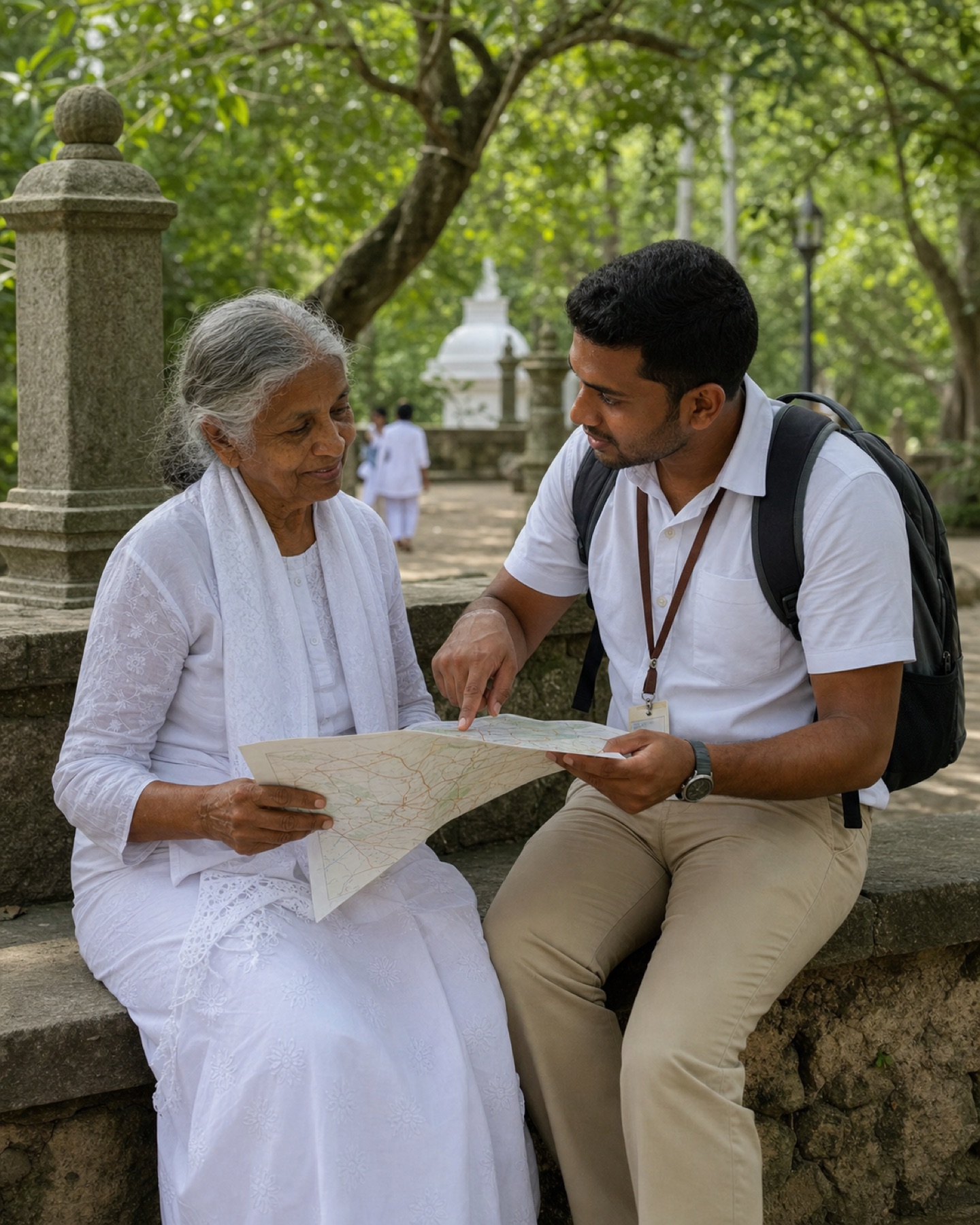 A Manel Travels guide helping an older pilgrim follow her journey route