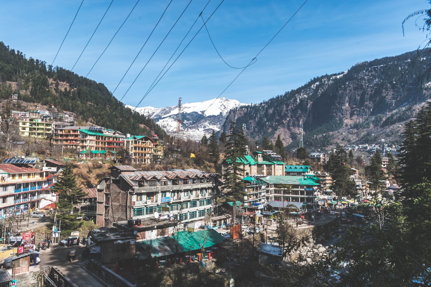 Snow-capped Himalayan mountains above the town of Manali