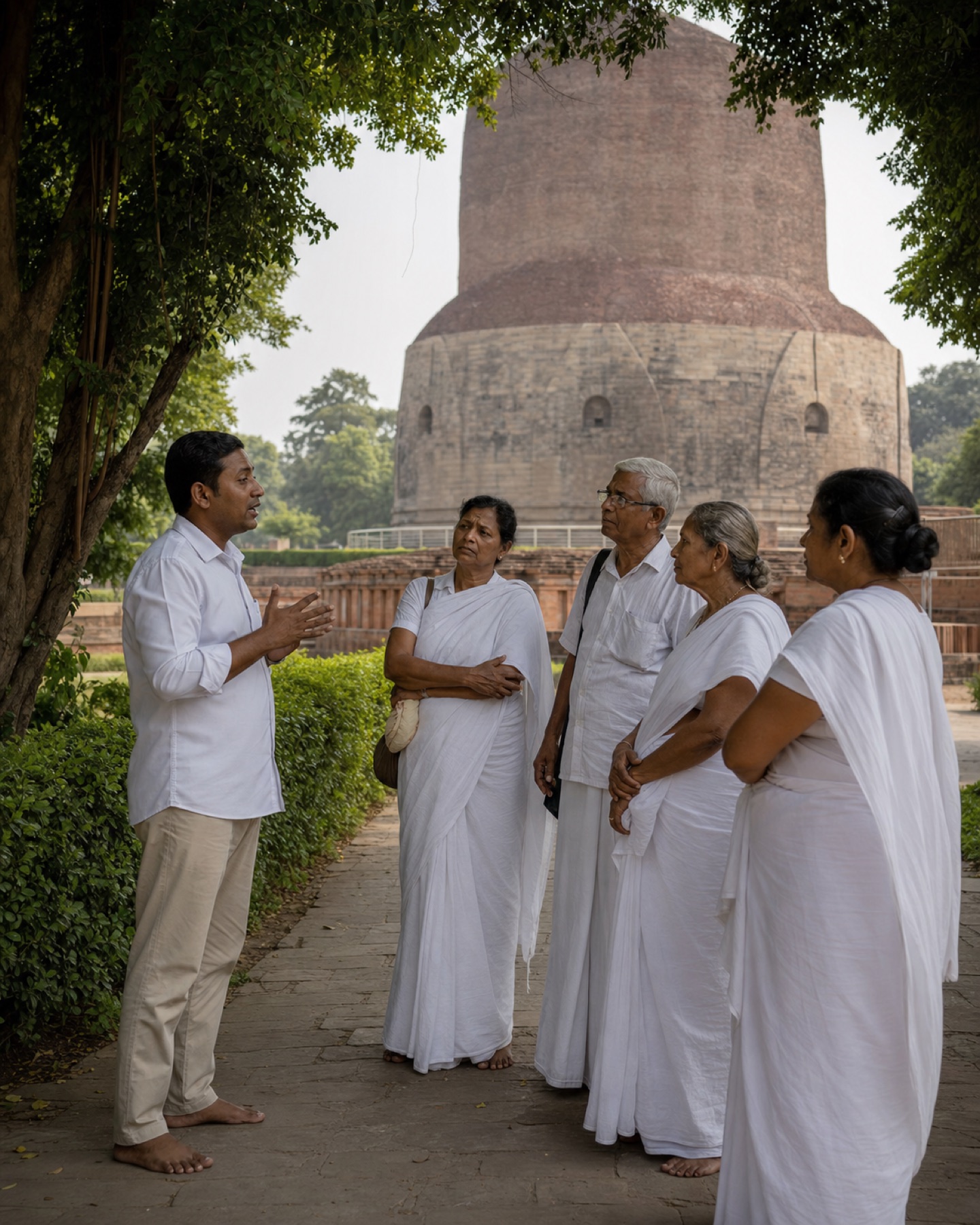 A guide speaking with older pilgrims beside the Dhamek Stupa at Sarnath